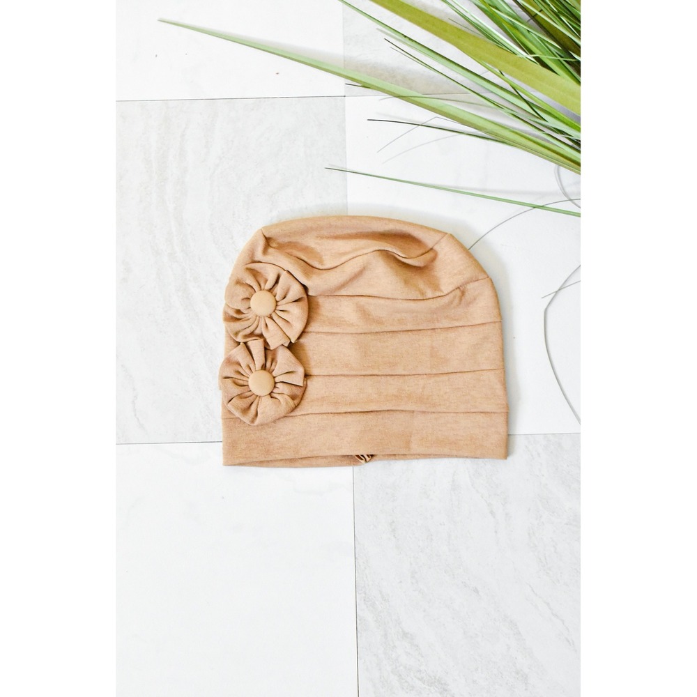Handmade Turban Hat Women OS Camel Tan Vintage 70s Rosette Pleated Cloche